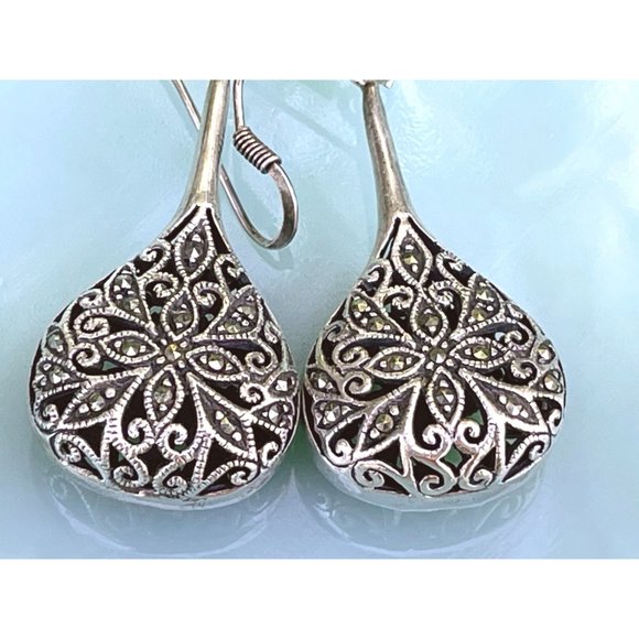 Vintage 925 Sliver Marcasite Tear Drop Dangle Earrings - Picture 10 of 14